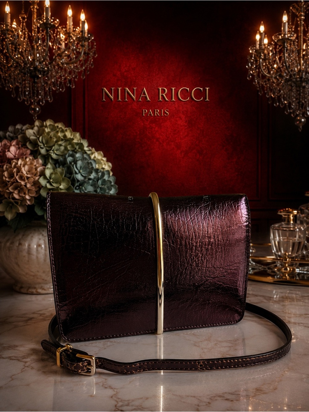 Nina Ricci Arc Bronze Burgundy Leather Crossbody Clutch Bag